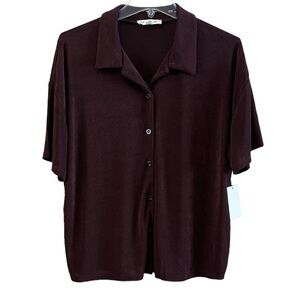NWT Pie The Sky Button Down Blouse Dark Brown Size L Short Sleeves Collared